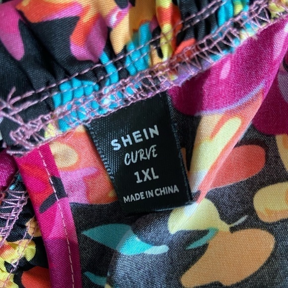 Shein Vibrant Floral Long Sleeve Ruffle Dress Black Pink Multicolored Curve 1X - Picture 7 of 9
